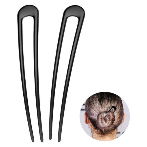 French Hair Pins Metal Hair Fork U Shaped Extra Long Chignon 2 Prong Sticks for Women Hair Accessories ( Black- 2 Pieces )