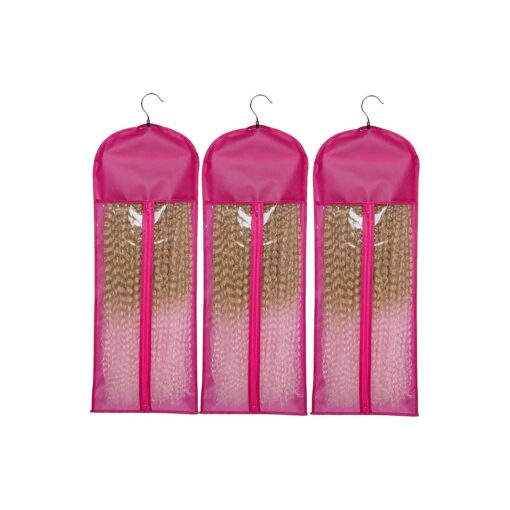 3 Pack Extra Long Wig Storage Bag with Hanger Hair Extension Holder Hairpieces Storage Bag Wigs Carrier Case for Store Style Human Synthetic Hair Pink Color