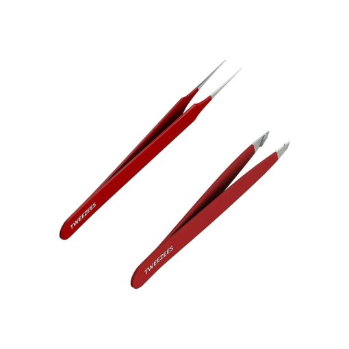 Precision Red Stainless Steel Tweezers | Professional Slant Tip & Splinter Tip Tweezer | Extra Sharp Hair Removal Tool | For Eyebrow Shaping