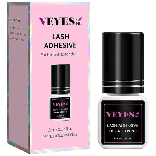 VEYES INC Eyelash Extension Glue - Extra Strong Professional Lash Glue 5ml | 1 Sec Drying time | Retention - 8 Weeks | Black Adhesive for Semi-Permanent Extensions Professional Use Only