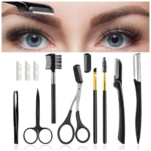 12 in 1 Eyebrow Trimmer Kit Multipurpose Exfoliating Dermaplaning Tool, Eyebrow Scissors, Eyebrow Brush, Tweezers, Eyebrow Razor, Eyebrow Trim Tool Set Hair Removal Accessories for Men Women