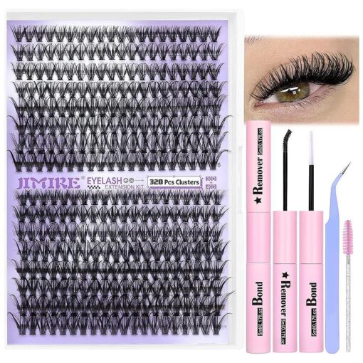 DIY Lash Extension Kit 320Pcs D Curl Lash Clusters Kit with Lash Bond and Remover and Lash Tweezers for Eyelash Extensions Wispy 30D 40D 9-16mm Mix Eyelash Extensions Kit for Beginners by JIMIRE