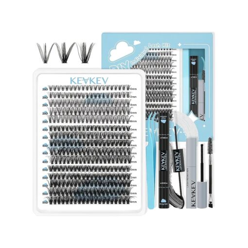 KevKev Lash Extension Kit 300Pcs Lash Clusters Kit DIY Eyelash Extension Kit with Lash Bond and Seal Eyelash Remover Lash Applicator Wispy Lashes Look Like Extensions Gift Kit ( 20D+40D+50D, D-10-18mix )