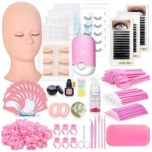 Eye Lash Extension Kit for Practice, 345 PCS Lash Kits with Replaced Eyelids Mannequin Head, Individual Lashes, Lash Extension Glue Tools Everything for Eyelash Extension Beginners Training Makeup