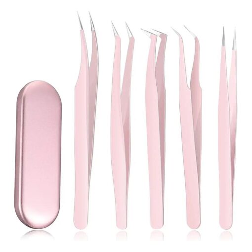 Chumia 5 Pcs Eyelash Tweezers Eyelash Extension Tweezers Lash Volume Tools with Box Stainless Steel Extensions Lash Tweezers Pointed Lash Tweezers Set for Eyelash Extension Skilled ( Pink )