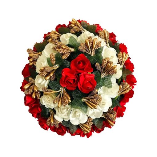 Fabric Hair Bun Gajra Flower Artificial Juda Accessories for Women in White And Red Color, Multicolor Pack of 1