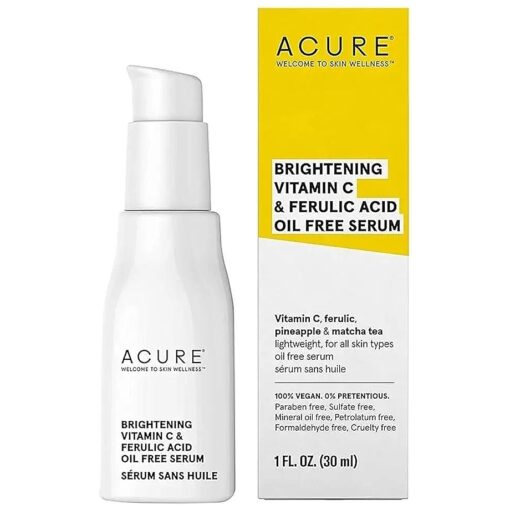 ACURE Face Brightening Vitamin C & Ferulic Acid Serum - Day & Night Oil Free Glowing Facial Serum - Vitamin C, Ferulic Acid & Pineapple Extract For Natural Brighter Look - for All Skin Types 1 fl oz