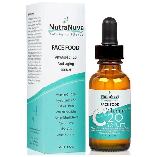 Face Food Anti Aging Natural 20 % Vitamin C Serum Complex VEGAN Formula, Kakadu Plum, Hyaluronic Acid, Peptides, Aquatic Plants, Aloe and more for Wrinkles, Age Spots, Collagen,1 fl, Oz