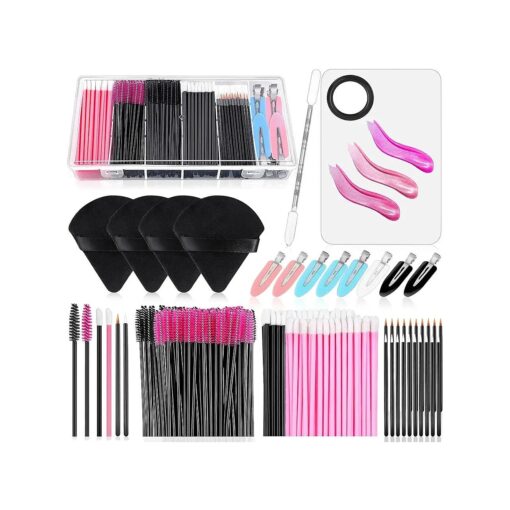 Disposable Makeup Applicators Kit with Triangle Puff Mixing Palette, Artist Supplies Disposable Mascara Wands, Lip Brushes, Hair Clips Powder Puffs for Face with Storage Box