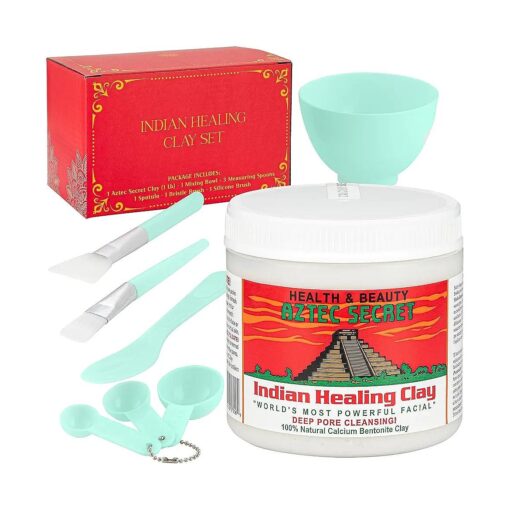 Aztec Secret 1lb, Original Indian Healing Clay with a Face Mask Mixing Bowl Set, Includes Bentonite Clay Powder, Spatula, Brush, Measuring Spoons, and More