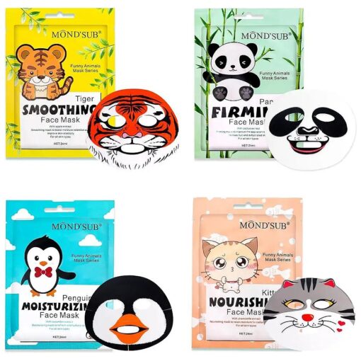 Animal Spa Mask, Character Masks Sheet- Penguin, Panda, Tiger, Cat -Nourishing & Moisturizing Effects For All Skin Types- Birthday Party Gift for her, Girls Night, Spa Night, Beauty Gift ( 4pack )