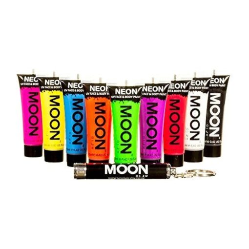 Moon Glow Blacklight Intense Neon UV Face and Body Paint 0.42oz - Set of 9 Tubes - Inc UV Keyring