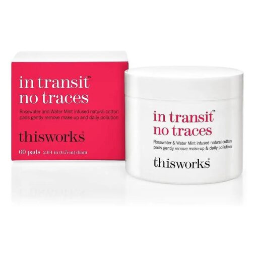 thisworks in transit no traces, Rosewater and Mint Infused Facial Cleansing Pads, Gently Removes Make-Up and Dirt, 60 Pads