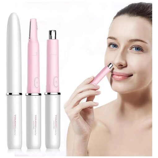 TOUCHBeauty Nose Hair & Eyebrow Trimmer for Women 2IN1 Facial Hair Removal Set for Nose, Chin, Upper-Lip, Peach-Fuzz Battery Operated Pink Color TB-1458