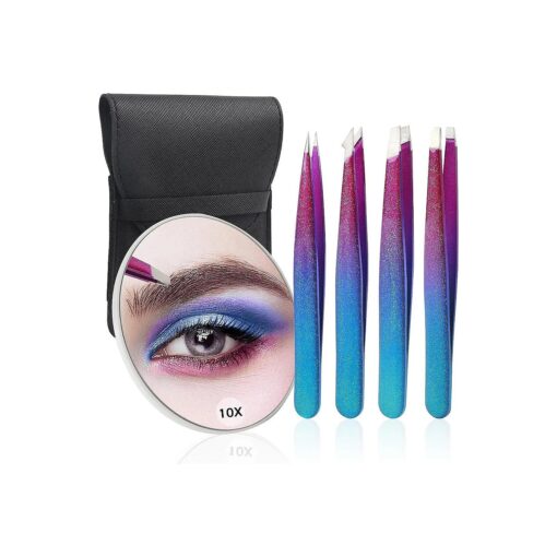 Tweezers and 10X Magnifying Mirror Kit with Travel Leather Case, Eyebrow Tweezer Set for Women & Men, Great Precision for Facial Hair, Splinter and Ingrown Hair Removal - Starry Blue