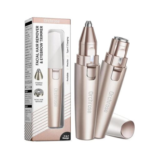 Facial Hair Remover Eyebrow Trimmer : Portable Rechargeable 2 in 1 Face Shaver for Women - Painless Electric Hair Removal Device for Face Eyebrows Peach Fuzz Lips with Light ( Rose Gold )