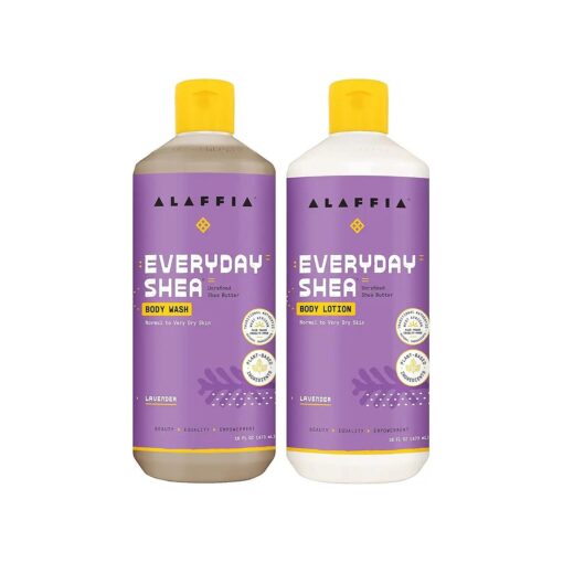 Alaffia EveryDay Shea Body Wash Bundled with Shea Body Lotion for Normal to Very Dry Skin, Moisturizes and Cleanses, with Fair Trade Shea Butter, Coconut Oil, Lavender, 2-16 fl oz Bottles