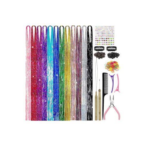 Fairy Hair Tinsel Kit with Tools 12 Colors 2400 Strands 48 Inch Glitter Tinsel Hair Extensions Heat Resistant