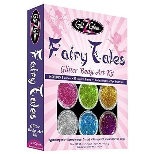 Fairy Tales Glitter Tattoo Kit with 6 Large Glitters & 12 Amazing Stencils - HYPOALLERGENIC and DERMATOLOGIST TESTED ! -Temporary Tattoos & Body Art