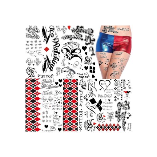 5 Sheets Harley Quinn Tattoo Stickers For Women Men Adults, Fake Joker Harley Quinn Tattoos Suicide Squad Birds of Prey Temporary Tattoos Halloween Face Makeup, Harley Quinn Costume Accessories