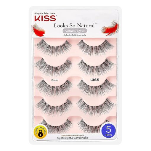 KISS Looks So Natural False Eyelashes Multipack, Lightweight & Comfortable, Tapered End Technology, Reusable, Cruelty-Free, Contact Lens Friendly, Style 'Poise ', 5 Pairs Fake Eyelashes