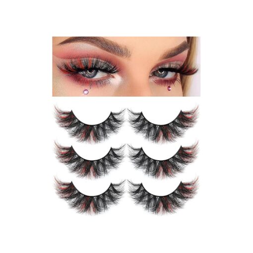 Red False Eyelashes with Color Cat Eye Lashes Mink Dramatic Fluffy Long Fake Lashes Christmas Wispy Strip Curly Lashes Pack 3 Pairs