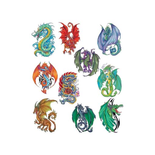 Fantasy Dragons Temporary Tattoos, Set of 10 Colorful Dragon Tattoos