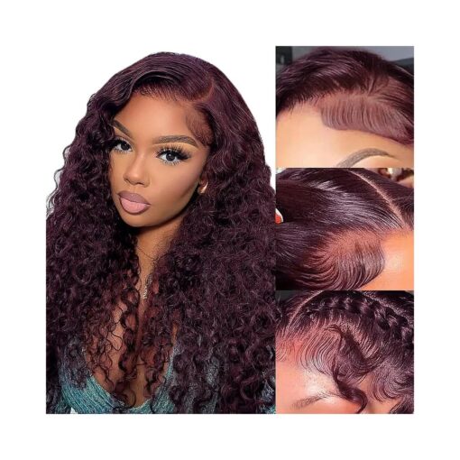 Deep Purple Lace Front Wigs Human hair 14 Inch Dark Burgundy Deep Wave Human Hair Wigs Pre Plucked with Baby Hair 13x4 Deep Curly Purple Wig Human Hair 180 % Density Purple Wigs