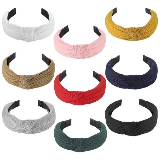 Funtopia Knotted Headbands for Women Girls, 9 Pcs Wide Plain Turban Headband Fashion Cross Knot Hair Bands with Solid Colors