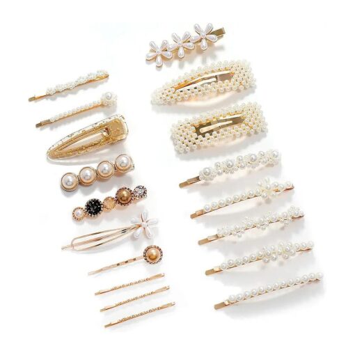 Women Hair Accessories 18PCS Handmade Simulation Pearl Barrettes Clip Set Geometric Flower Bobby hairpin Girls Headwear ...