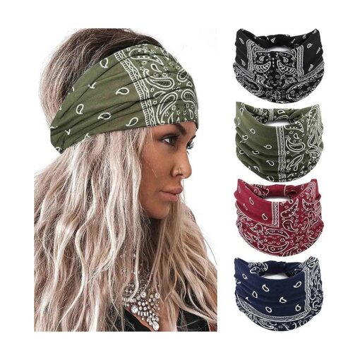 Wide Headbands Women Knotted Turban Headband Elastic Non Slip Hairbands Floral Workout Headbands Yoga Cotton Hair Scarfs Boho Head Wraps Fashion Hair Accessories for Women Girls 4Pcs ( Bohemian )