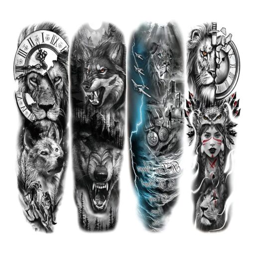 Lion Wolf Temporary Tattoo Sleeve, Large Full Arm Animal Tribal Fake Tattoos Sleeve For Men Women Adult, Long Lasting Black Arm Temp Tatoo Sticker Leg Body Art Makeup, 4-Sheet