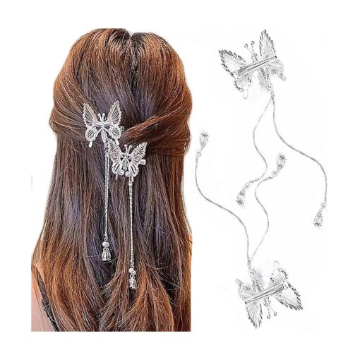 Bartosi Butterfly Clips Hair Silver Hair Barrettes Fluttering Tassel Hair Accessories Set for Women and Girls ( Pack of 2 )