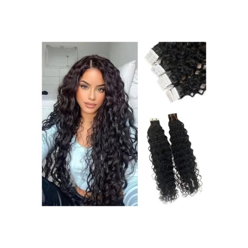 Tape in Hair Extensions Water Wave Real Human Hair Skin Weft Tape in Extensions for Black Women 18inch 20pcs 50g Natural Black Wavy Real Human Hair Extensions