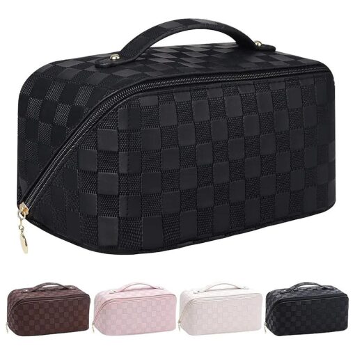 Makeup Bag, Large Capacity Travel Cosmetic Bag, Extra Large Makeup Bag, Portable Travel Makeup Bag Cosmetic Bag PU Makeup Organizer Bag Toiletry Bag for Women Girls, Black