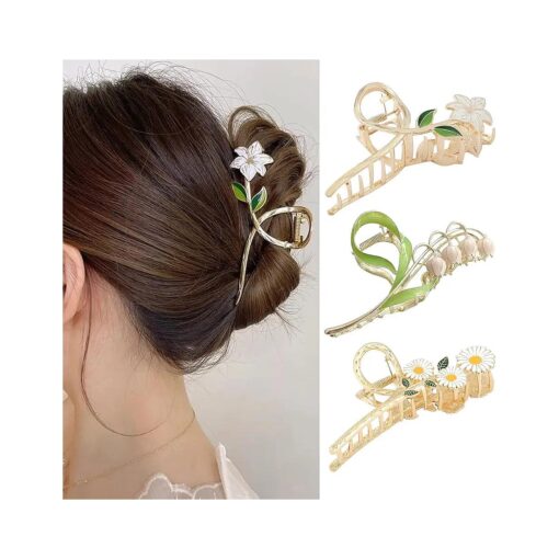 Flower Claw Clips Hair Claw Clips Cute Clips for Women Large Metal Gold Hair Clips for Thick Hair French White Flower Daisy Floral Hair Accessories Elegant Banana Clips for Summer Styling Hairpin 3Pcs