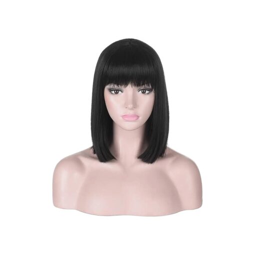 Short Straight Black Bob Wig with Bangs for Women | Natural Heat Resistant Synthetic Hair Wigs