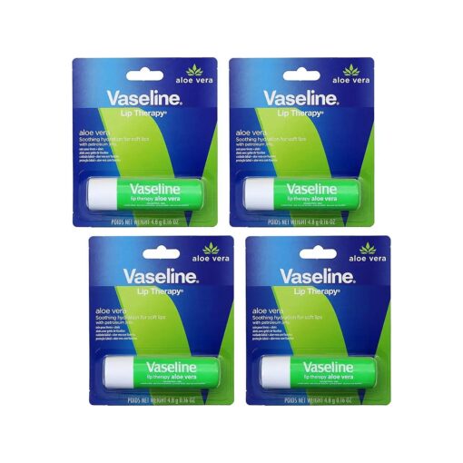 Vaseline Lip Therapy Care Aloe Fresh, Fast-Acting Nourishment, Ideal for Chapped, Dry, Cracked, or Damaged Lips, Lip Balm, 4-Pack, 0.16 Oz Each