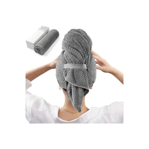 YFONG Microfiber Hair Towel Wrap for Women - Fast Drying Turbans for Long, Thick, Curly Hair - Super Soft Hair Wrap Towels with Elastic Strap, Dark Gray