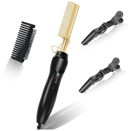 Hot Comb Electric Pressing Comb Straightening Comb, Hot Iron for Hair Heating Ceramic Comb, Hot Iron for Women Straightener Black Hair-Gold