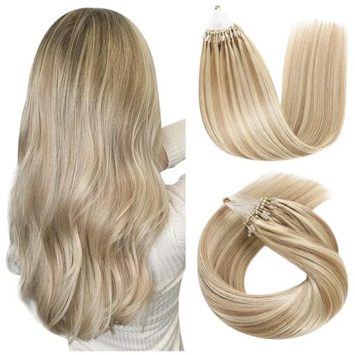 SUYYA Micro Loop Hair Extensions Real Human Hair Ash Blonde/Bleach Blonde Micro Links Hair Extensions Straight Microlink Hair Extensions Human Hair 50 Strands 40g/Pack for Women ( 14 inch # P18/613 Ash Blonde/Bleach Blonde )