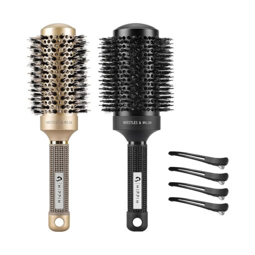 Round Brush for Blow Drying 2PCS, HIPPIH Thermal Hair Brush, Ceramic & Ionic Tech Hair Brushes for Women with Boar Bristle, Large Round Hairbrush for Curling, Styling & Add Volume ( Barrel 2.1" & 1.7" )