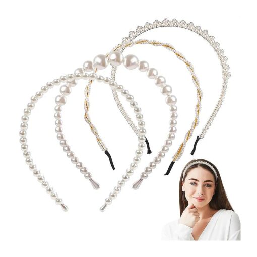 4Pcs Pearl Headbands for Women - Hair Bands Rhinestone Headbands for Women 's Hair White Pearl Headband for Girls Hair Hoop Headband for Women - White Headband Women Hair Accessories Bridal Headband