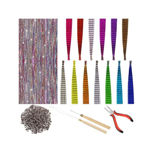 480 Pieces Strands Tinsel Hair 65 Pieces 13 Colors Synthetic Hair Feathers Hair Extension Kit with 200 Micro Ring Beads Glitter Hair Tinsels for Halloween Women Girls Cosplay Party ( Feathers Are Faux )