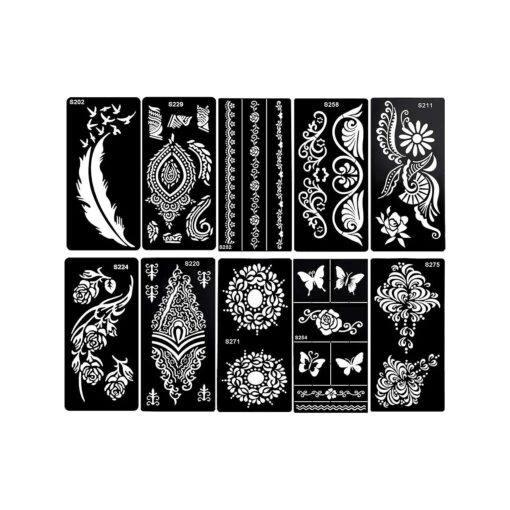 Konsait 10Sheets Large Temporary Tattoo Stencils, Reusable Henna Tattoo Sticker Template Feather Butterfly Mandala Flower Jewelry Face Body Art Glitter Tattoo Stencil Kit for Adults Women Girls