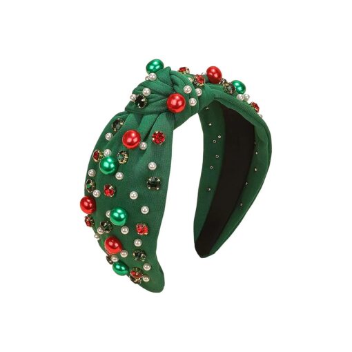 Christmas Headband for Women Pearl Knotted Headband Xmas Red Green Pearl Rhinestone Crystal Jeweled Hairband Fashion Elegant Ladies Wide Top Knot Hair Bands Headpiece Holiday Outfits Gifts ( Green )