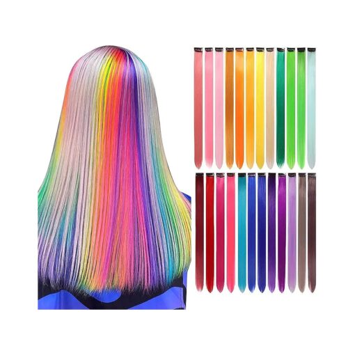 LANSE 24Packs Colored Hair Extensions 22Inch Straight Color Clip in on Hair Extension Rainbow Party Highlights Synthetic Hairpiece for Girls ( 24color )