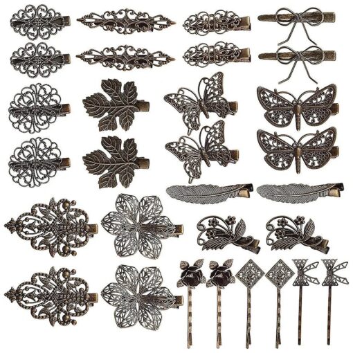 inSowni 30 Pack/15 Pairs Small Cute Decorative Bronze Metal Vintage Alligator Hair Clips Retro Barrettes Bobby Pins Leaf Flower Butterfly Gothic Punk Short Thin Fine Hair Accessories for Women Girls