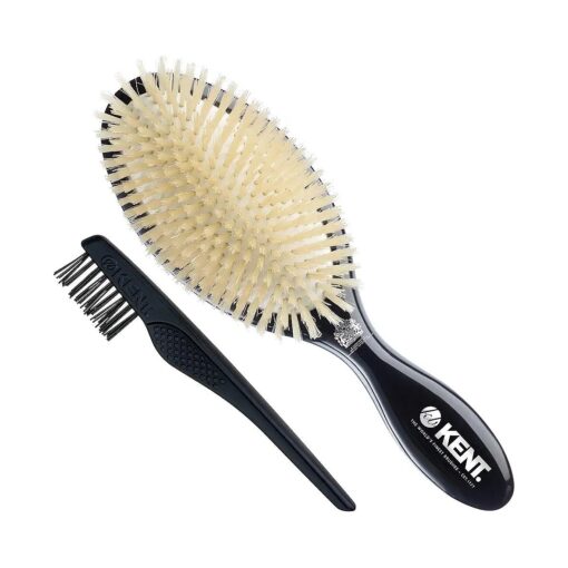 Kent CSGL 8.5" Large Oval Cushion Straightening Brush and Hair Detangler Natural White Boar Bristle Hair Brush - Shine Hair Brush and Scalp Scrubber for Fine or Thinning Hair ( Hair Brush Cleaner )