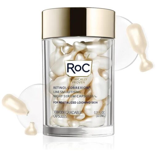 RoC Retinol Correxion Anti-Aging Wrinkle Night Serum, Daily Line Smoothing Treatment for Fine Lines, Dark Spots, Post-Acne Scars, Unscented, Stocking Stuffers, 30 Individual Capsules, 0.35 Ounces